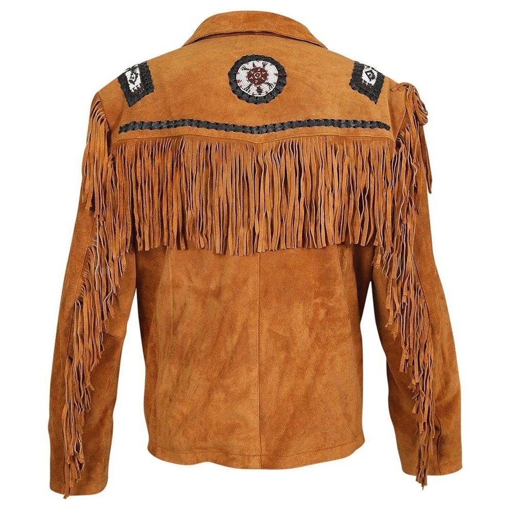 Western Fringe Brown Suede Leather Beaded Jacket for Men MWJ718