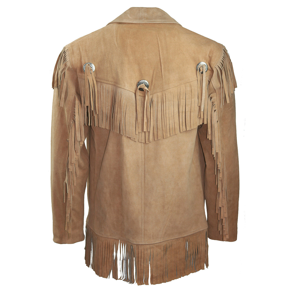 Western Beige Suede Leather Fringe Jacket for Men MWJ327