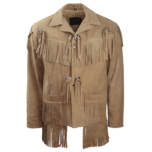 Western Beige Suede Leather Fringe Jacket for Men MWJ327