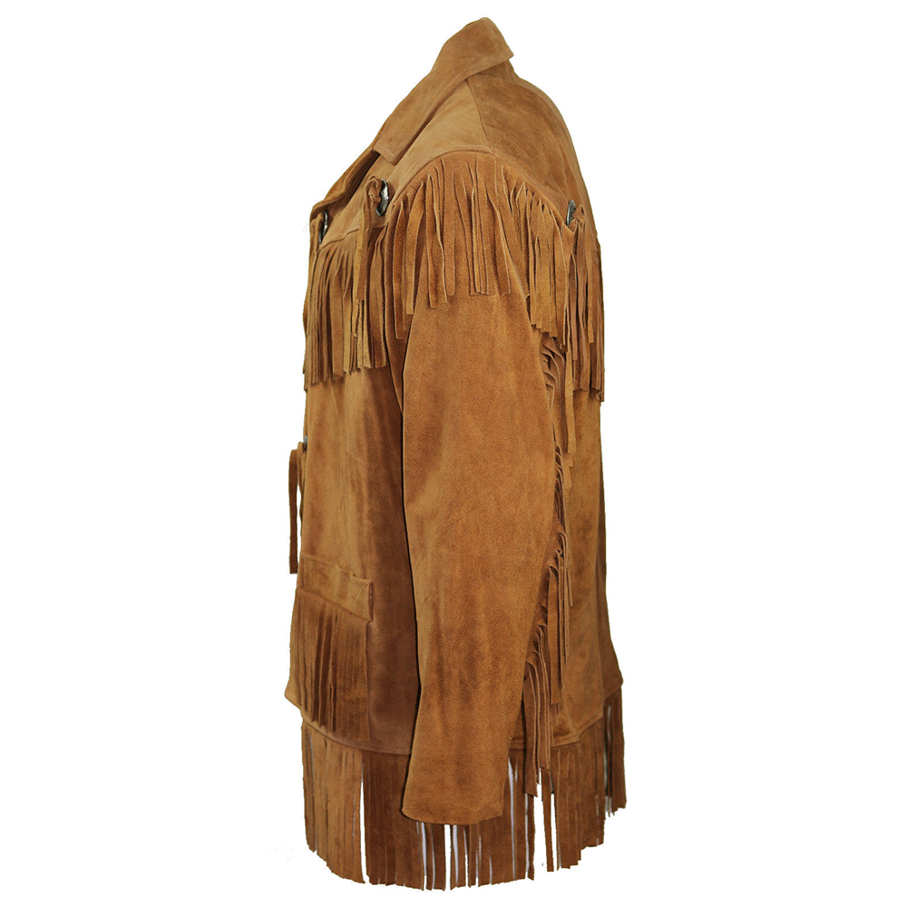 Western Cognac Brown Suede Fringe Leather Jacket for Men MWJ771