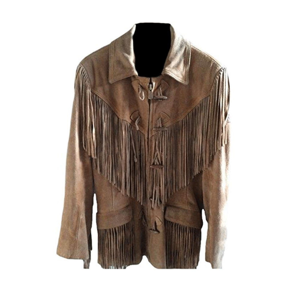 Western Fringe Brown Suede Leather Jacket for Men MWJ753