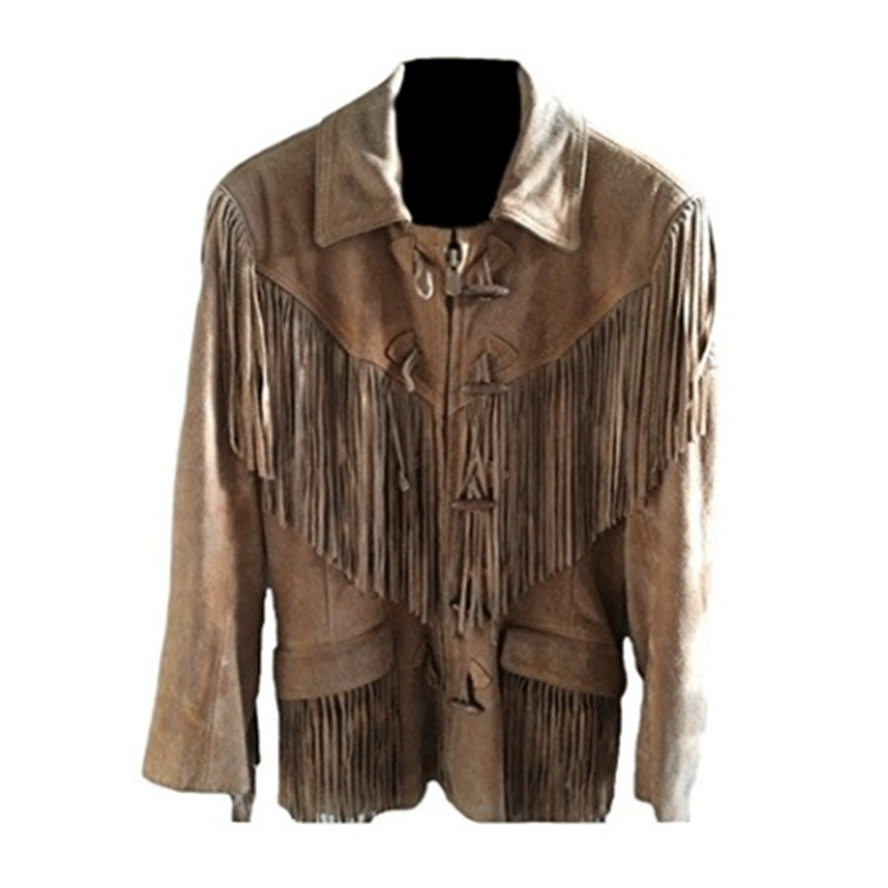 Western Fringe Brown Suede Leather Jacket for Men MWJ753