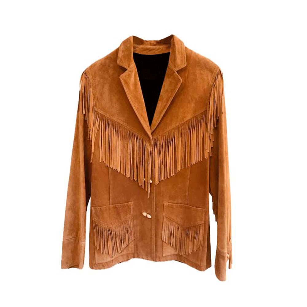 Western Fringe Brown Suede Leather Jacket for Men MWJ756