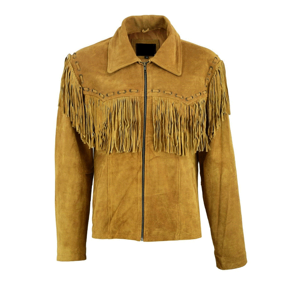 Western Fringe Brown Suede Leather Jacket for Men MWJ744