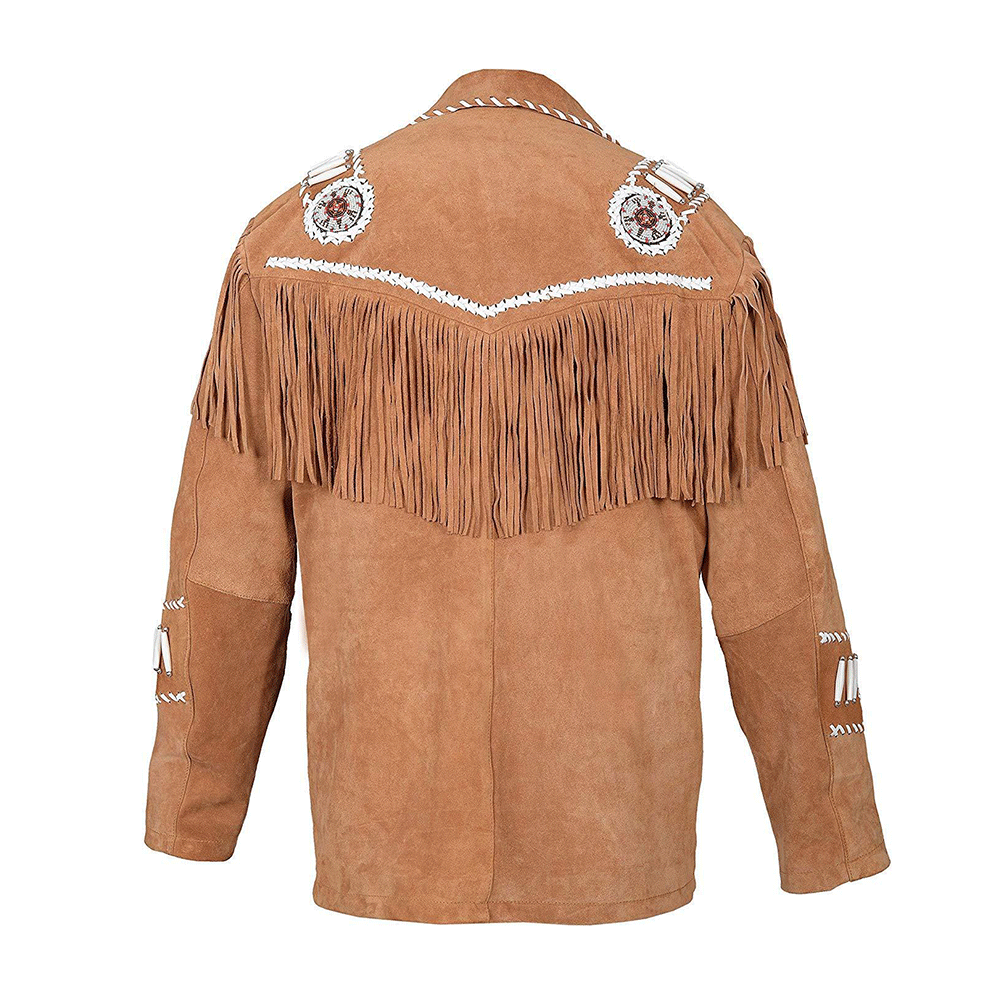 Western Brown Suede Leather Fringe Beaded Jacket for Men MWJ722