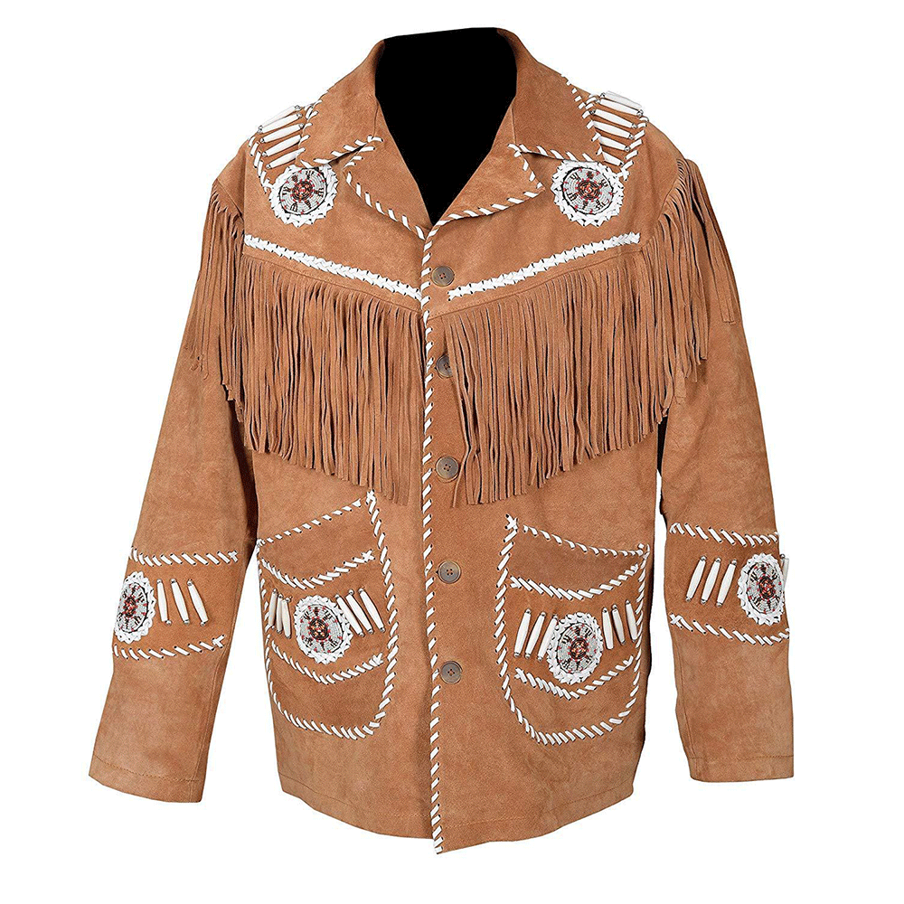 Western Brown Suede Leather Fringe Beaded Jacket for Men MWJ722