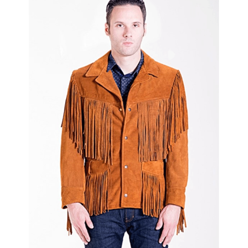 Western Fringe Brown Suede Leather Jacket for Men MWJ745