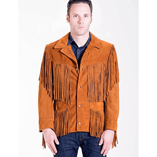 Western Fringe Brown Suede Leather Jacket for Men MWJ745