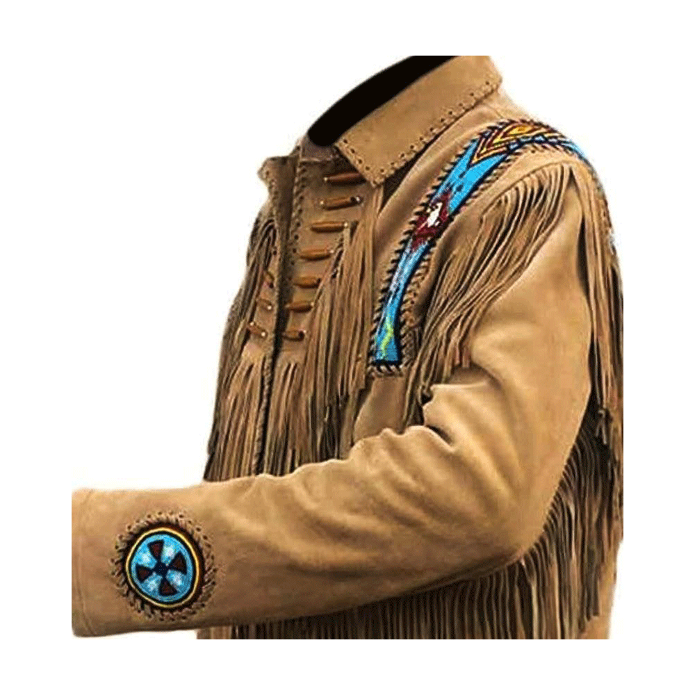 Western Fringe Brown Suede Leather Beaded Jacket for Men MWJ720