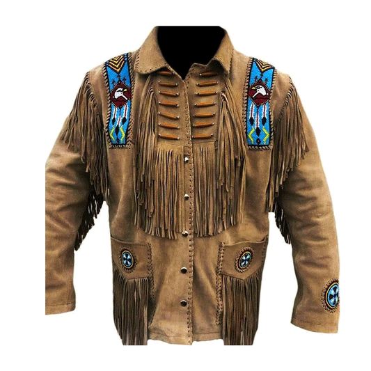 Western Fringe Brown Suede Leather Beaded Jacket for Men MWJ720