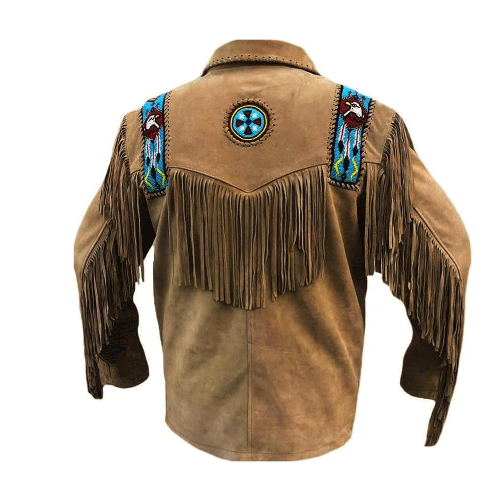 Western Fringe Brown Suede Leather Beaded Jacket for Men MWJ720