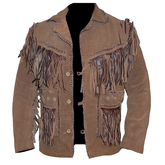 Western Fringe Brown Suede Leather Jacket for Men MWJ750