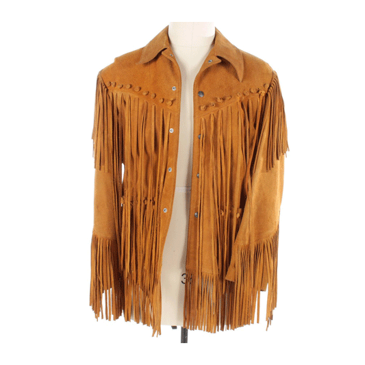 Western Long Fringe Brown Suede Leather Jacket for Men MWJ749