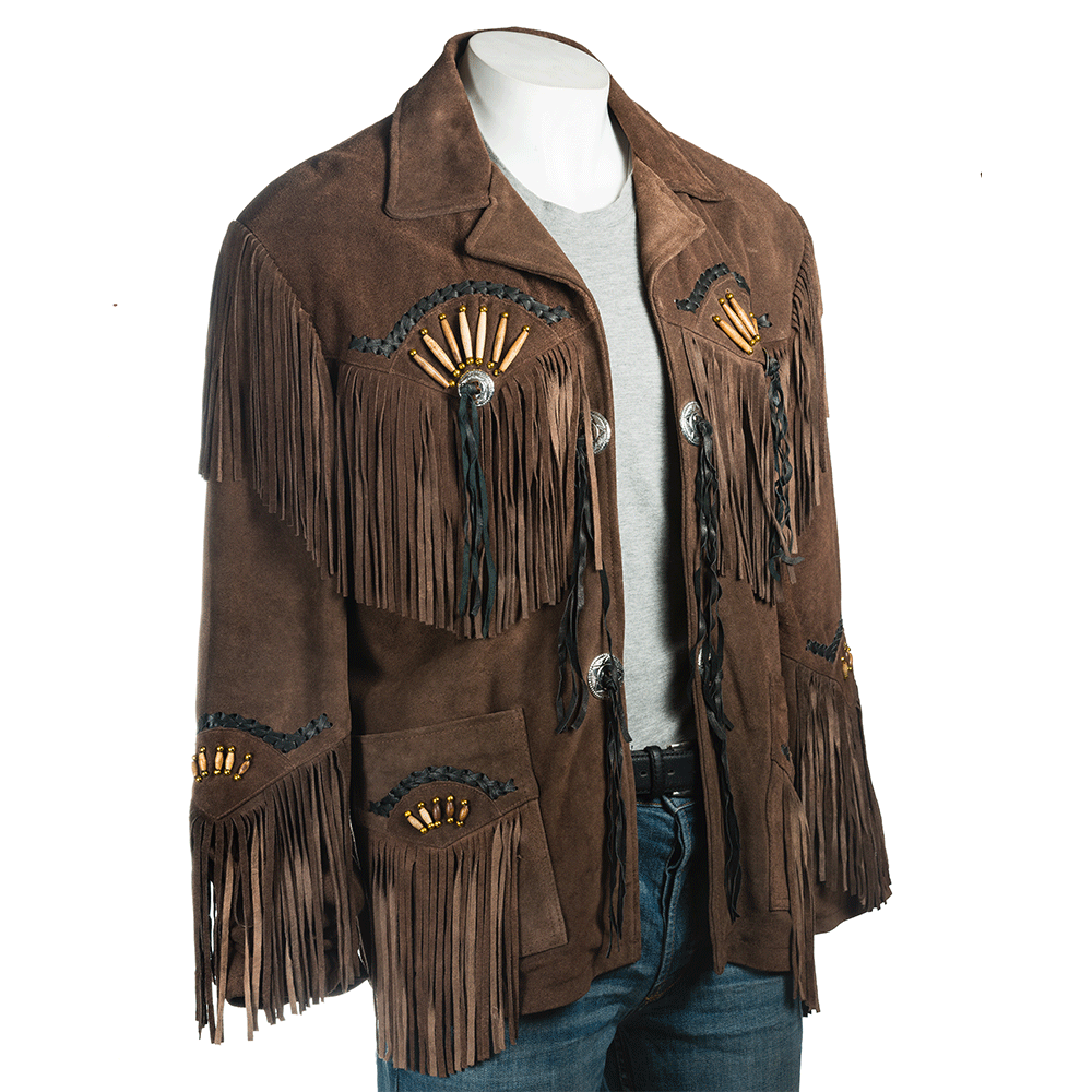 Western Fringe Brown Suede Leather Bone work Jacket for Men MWJ739