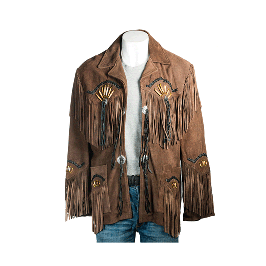 Western Fringe Brown Suede Leather Bone work Jacket for Men MWJ739