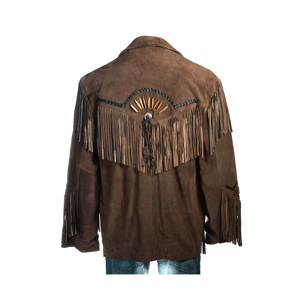 Western Fringe Brown Suede Leather Bone work Jacket for Men MWJ739