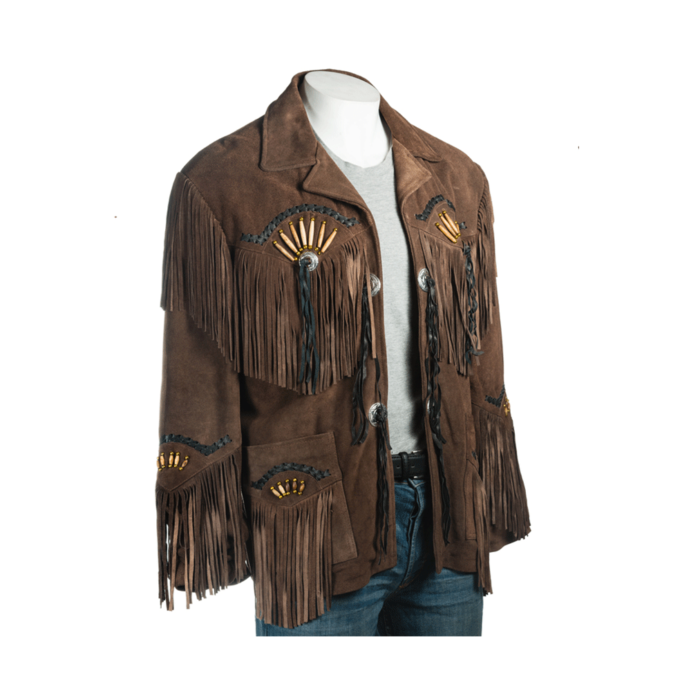 Western Fringe Brown Suede Leather Bone work Jacket for Men MWJ739