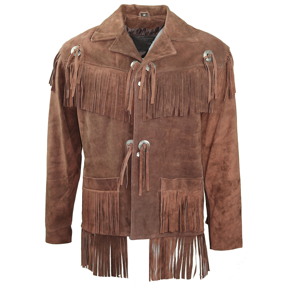 Western Fringe Brown Suede Leather Jacket for Men MWJ738