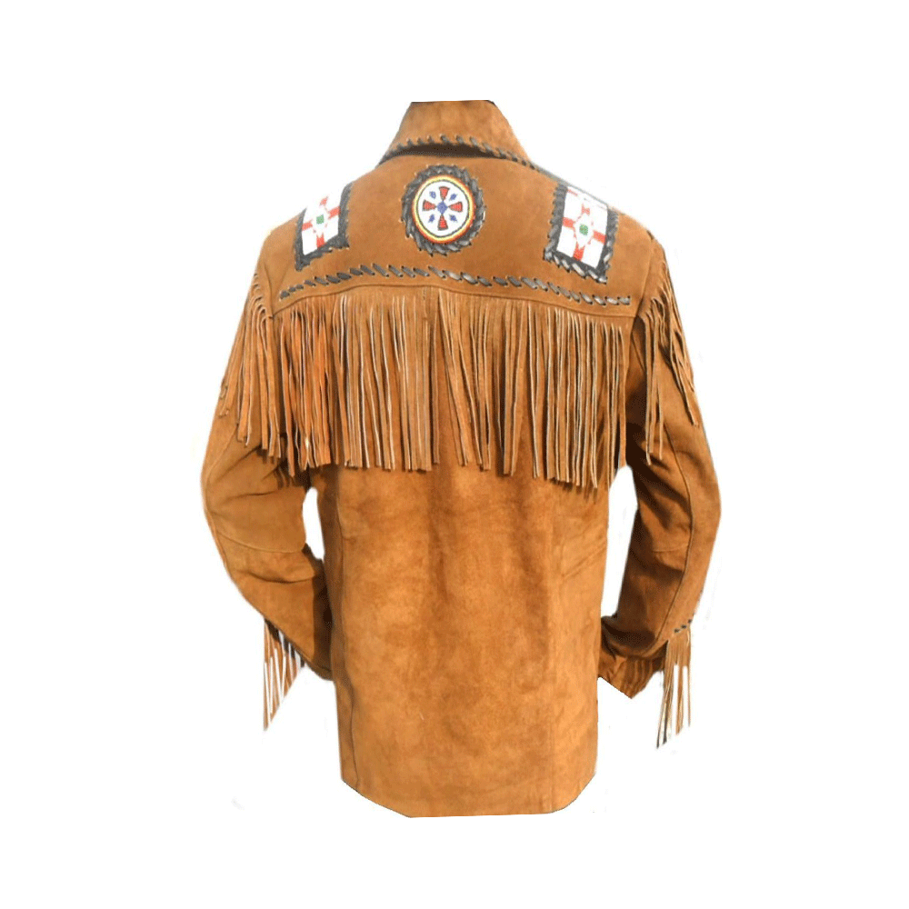 Western Brown Suede Leather Fringe Eagle Beaded Jacket for Men MWJ708