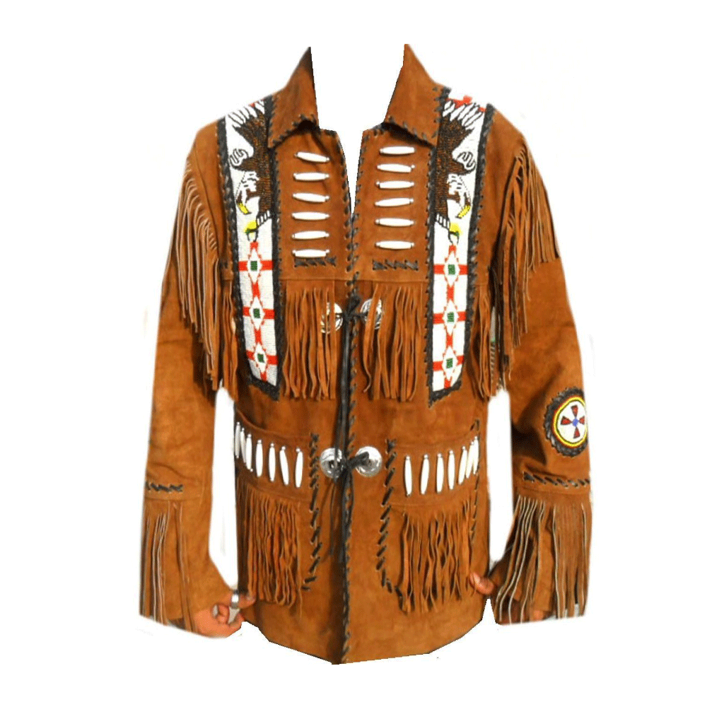 Western Brown Suede Leather Fringe Eagle Beaded Jacket for Men MWJ708