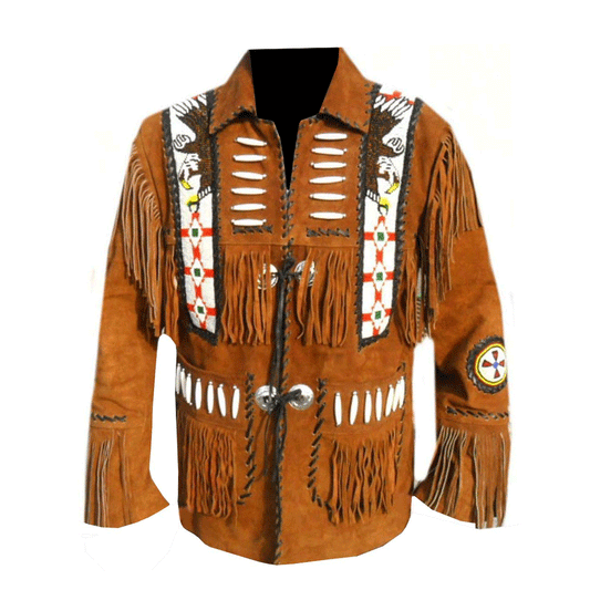 Western Brown Suede Leather Fringe Eagle Beaded Jacket for Men MWJ708