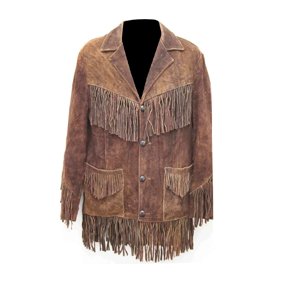 Western Fringe Brown Suede Leather Jacket for Men MWJ727