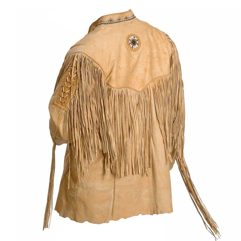 Western Fringe Beige Leather Beaded Jacket for Men MWJ721