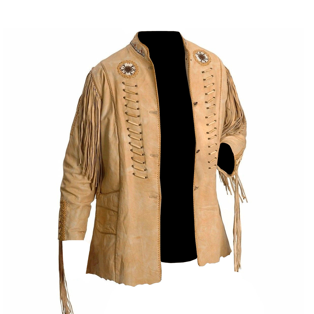 Western Fringe Beige Leather Beaded Jacket for Men MWJ721