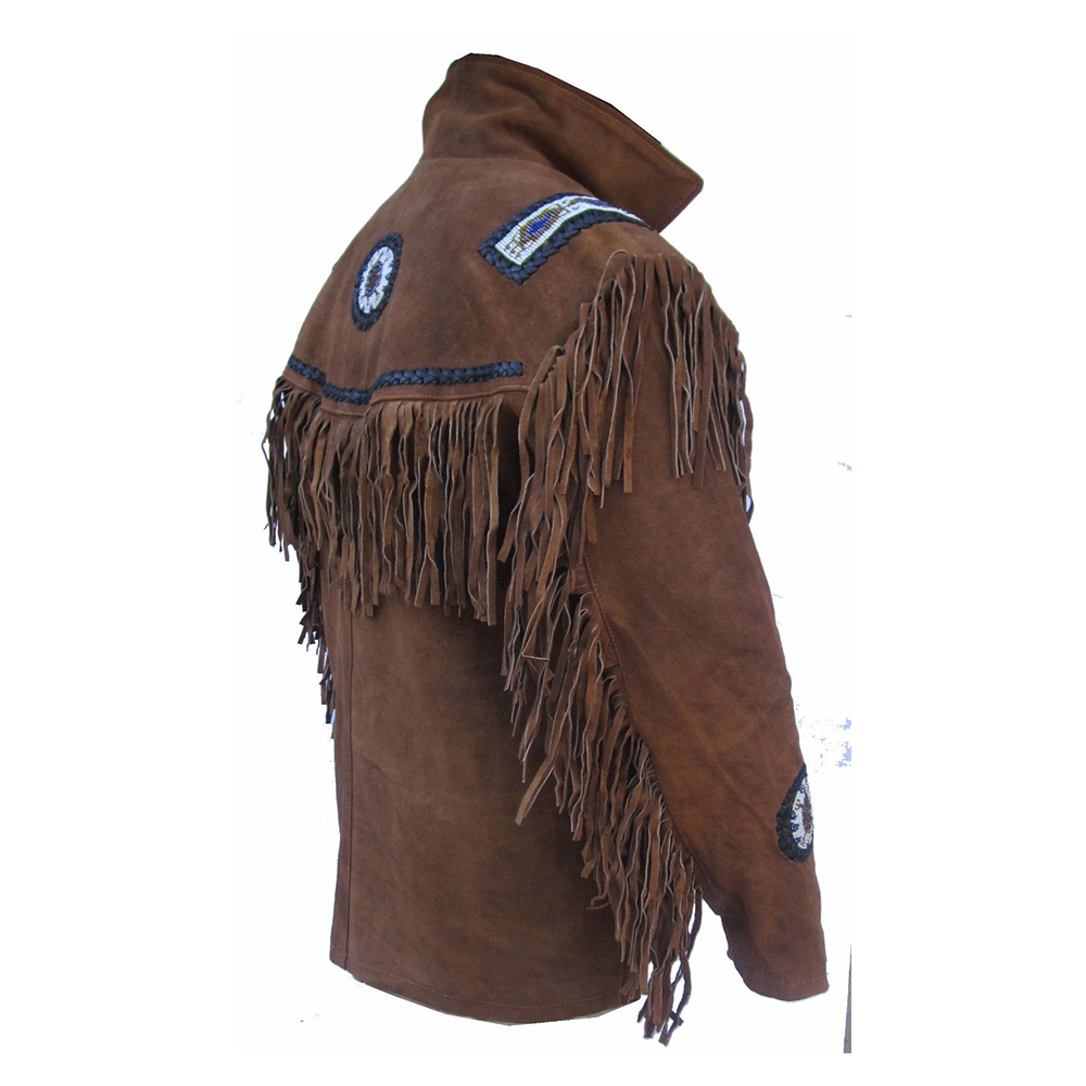 Western Brown Suede Leather Fringe Beaded Jacket for Men MWJ707