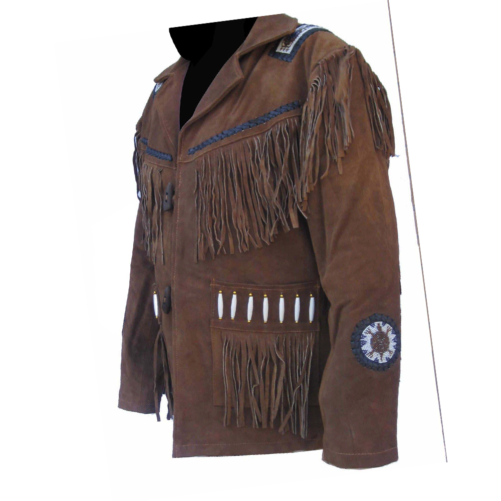 Western Brown Suede Leather Fringe Beaded Jacket for Men MWJ707