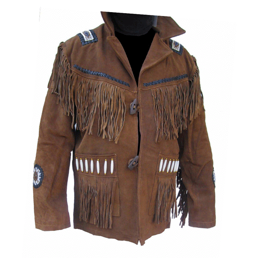 Western Brown Suede Leather Fringe Beaded Jacket for Men MWJ707