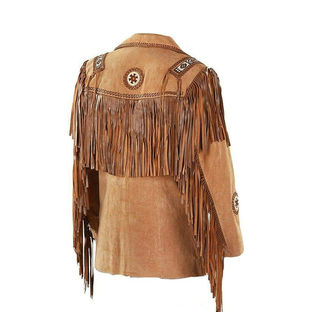 Western Fringe Brown Suede Leather Beaded Jacket for Men MWJ710