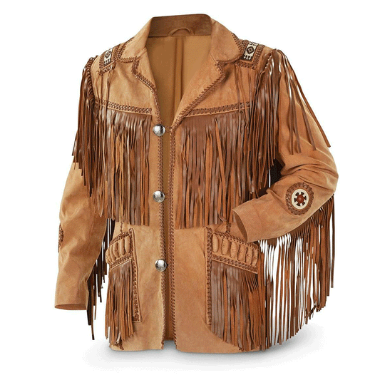 Western Fringe Brown Suede Leather Beaded Jacket for Men MWJ710