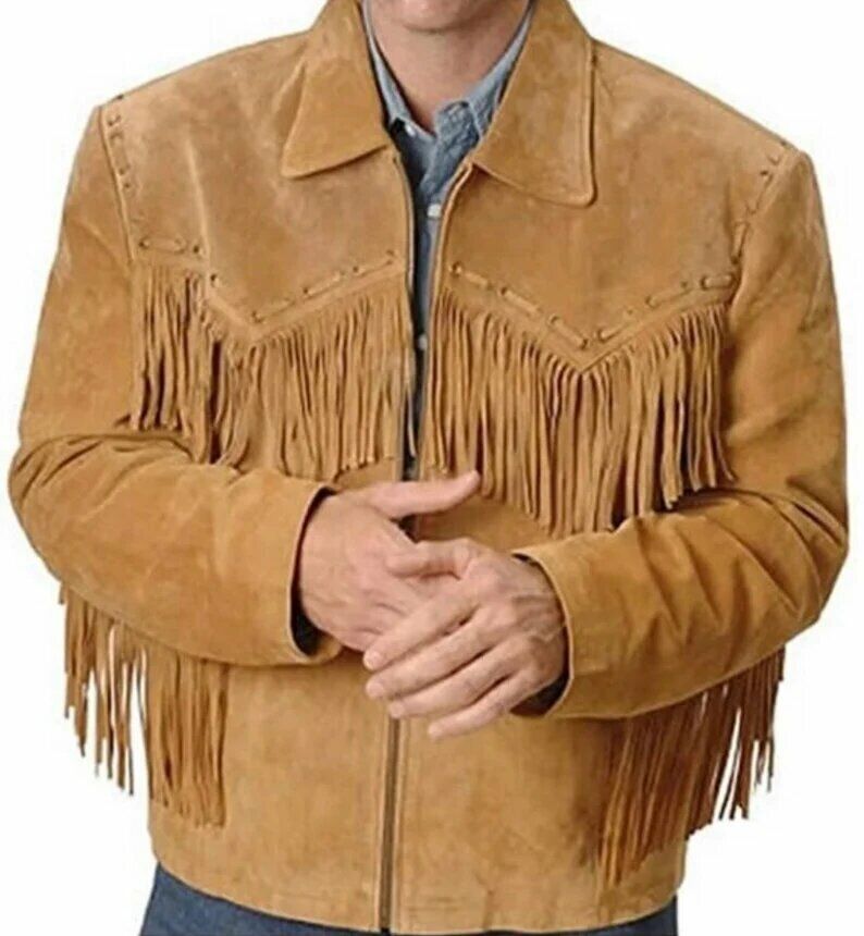 Western Fringe Brown Suede Leather Jacket for Men MWJ728