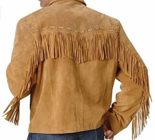 Western Fringe Brown Suede Leather Jacket for Men MWJ728