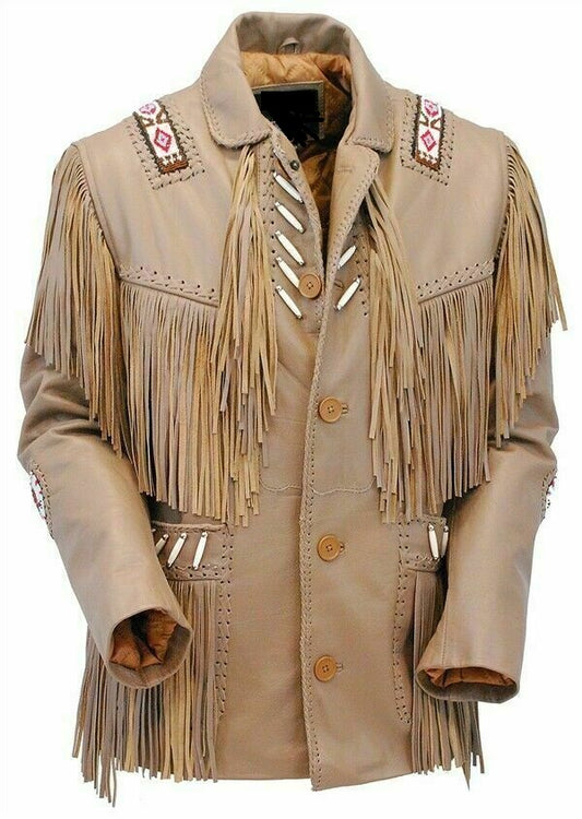 Western Brown Leather Fringe Beaded Jacket for Men MWJ723