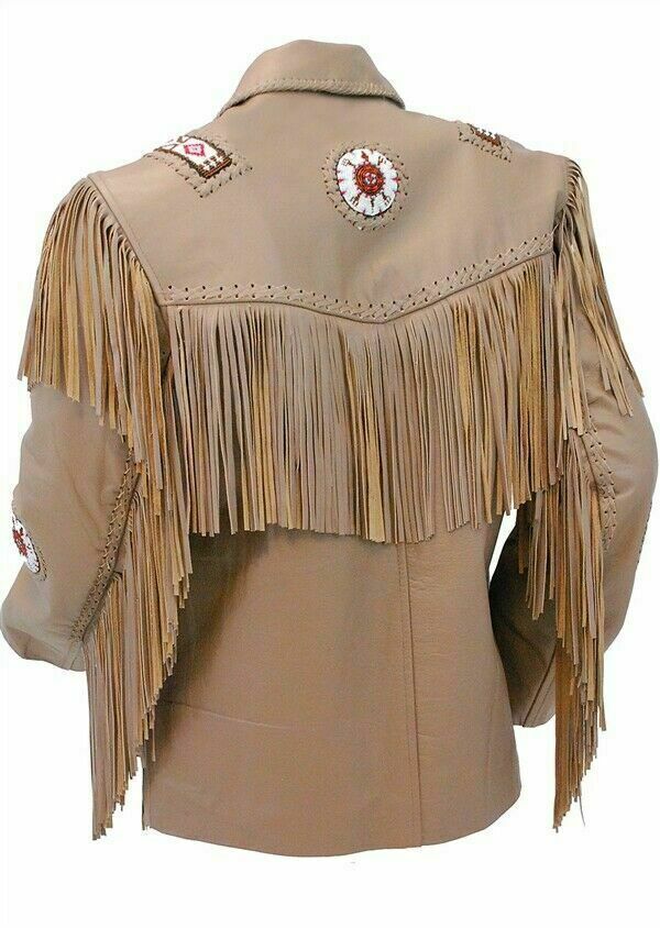 Western Brown Leather Fringe Beaded Jacket for Men MWJ723