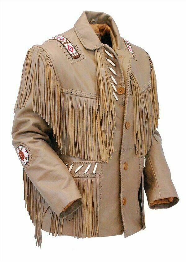 Western Brown Leather Fringe Beaded Jacket for Men MWJ723