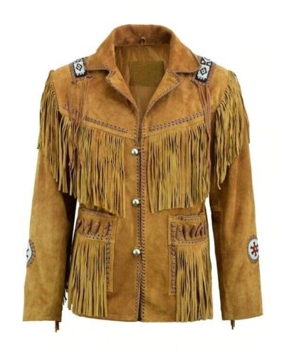 Western Brown Suede Leather Fringe Beaded Jackets for Men MWJ712