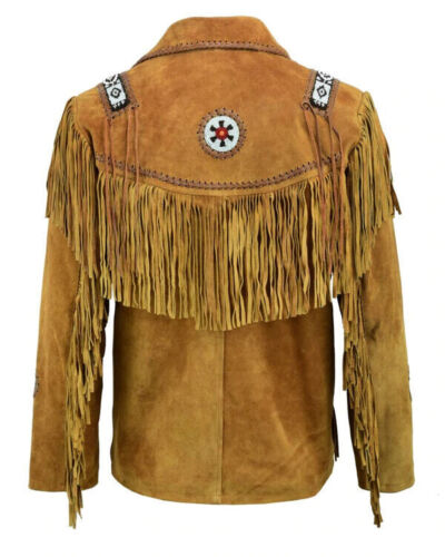 Western Brown Suede Leather Fringe Beaded Jackets for Men MWJ712