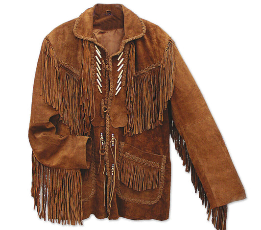 Western Fringe Brown Suede Leather Jacket for Men MWJ757