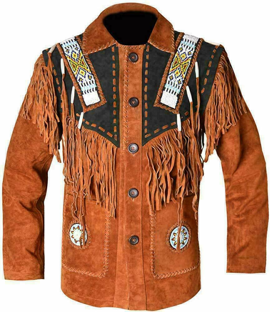 Western Fringe Brown Suede Leather Beaded Jacket for Men MWJ724