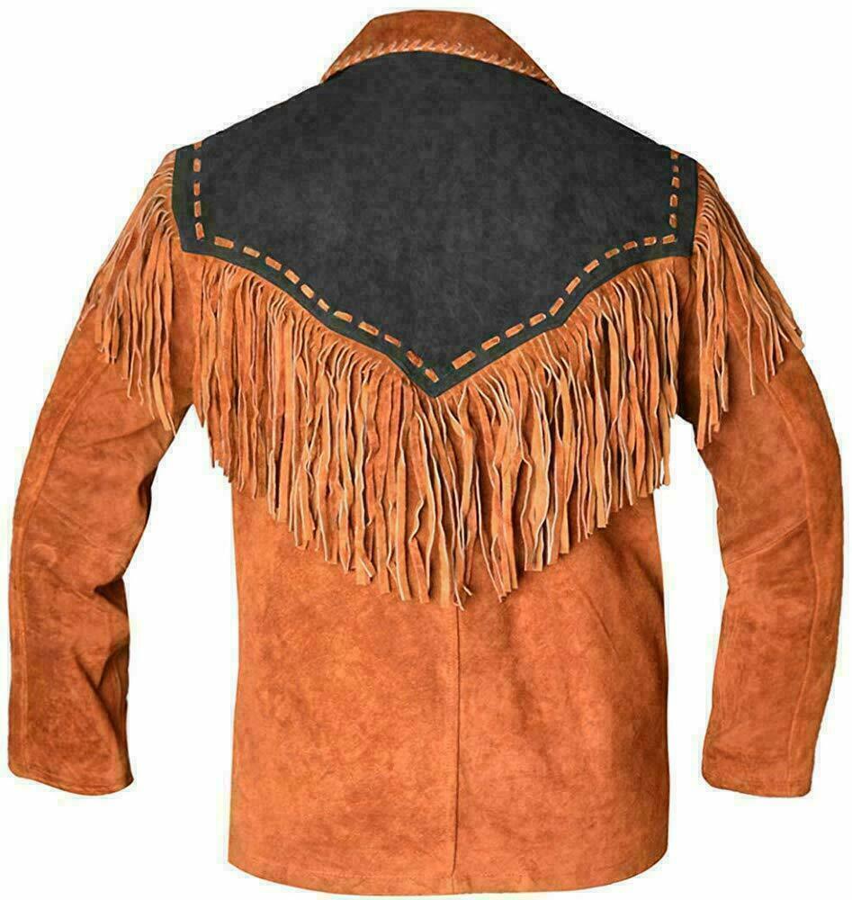 Western Fringe Brown Suede Leather Beaded Jacket for Men MWJ724