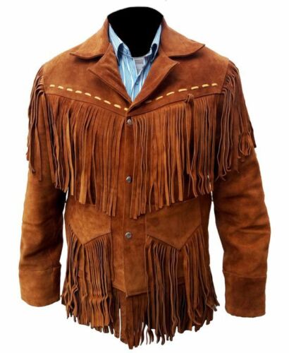 Western Fringe Brown Suede Leather Jacket for Men MWJ729