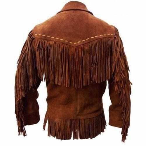 Western Fringe Brown Suede Leather Jacket for Men MWJ729