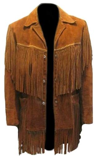 Western Fringe Brown Suede Leather Jacket for Men MWJ730