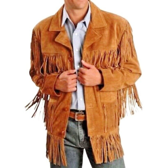 Western Fringe Brown Suede Leather Jacket for Men MWJ732