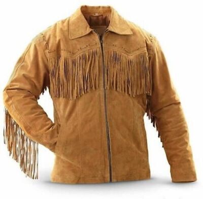 Western Fringe Brown Suede Leather Jacket for Men MWJ733