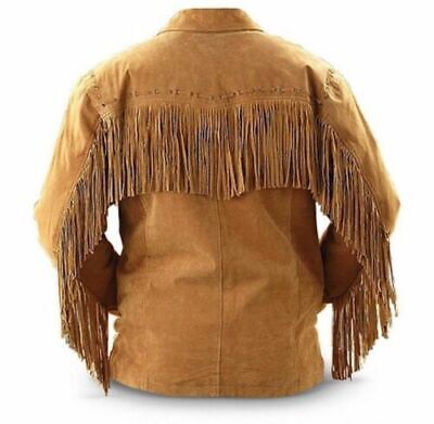 Western Fringe Brown Suede Leather Jacket for Men MWJ733