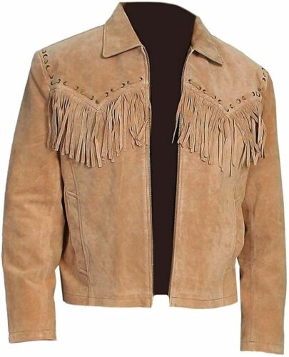 Western Fringe Brown Suede Leather Jacket for Men MWJ758